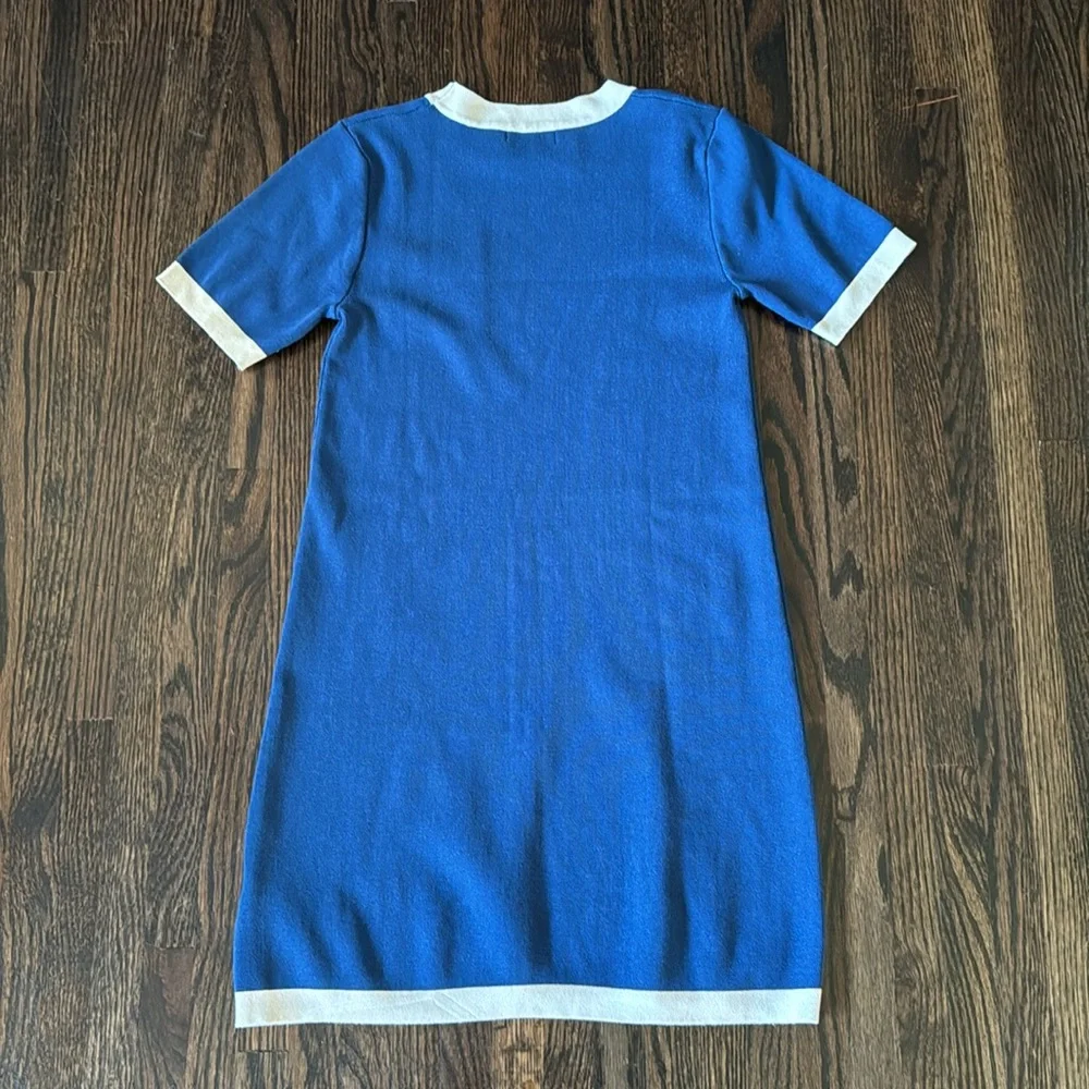 Sandro Blue and White Short Sleeve Knit Mini Dress - Picture 3 of 4